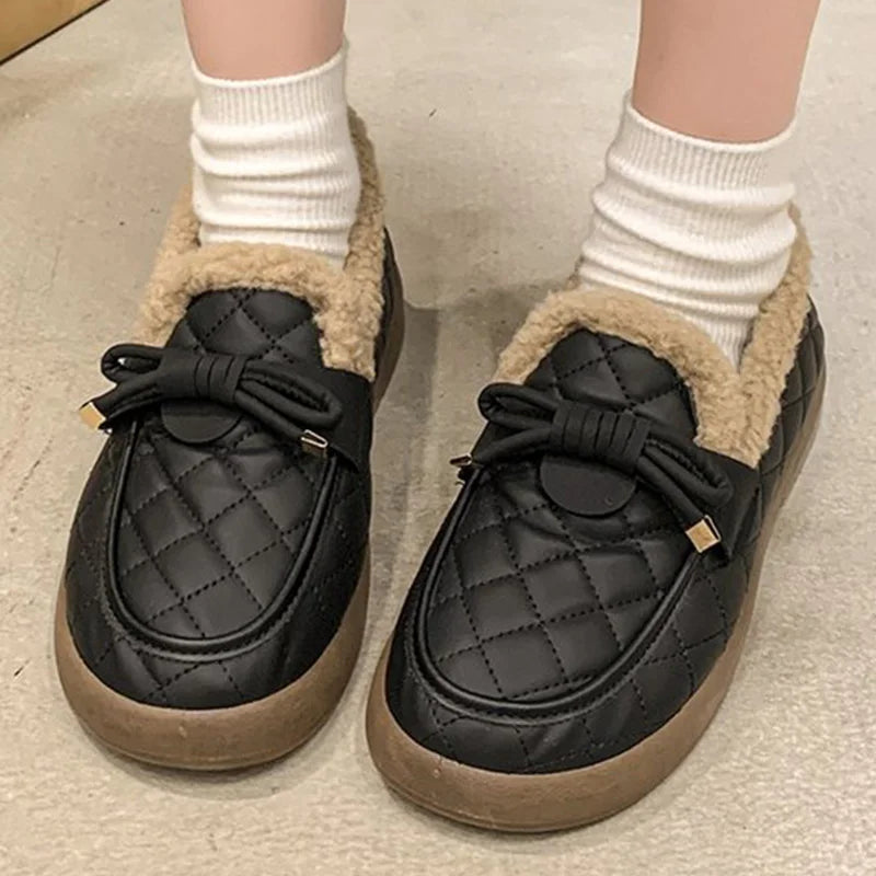 Pu Leather Snow Boots for Women 2025 Winter Korean Bowknot Detor Plush Booties for Woman Non Slip Keep Warm Snow Boots Lady