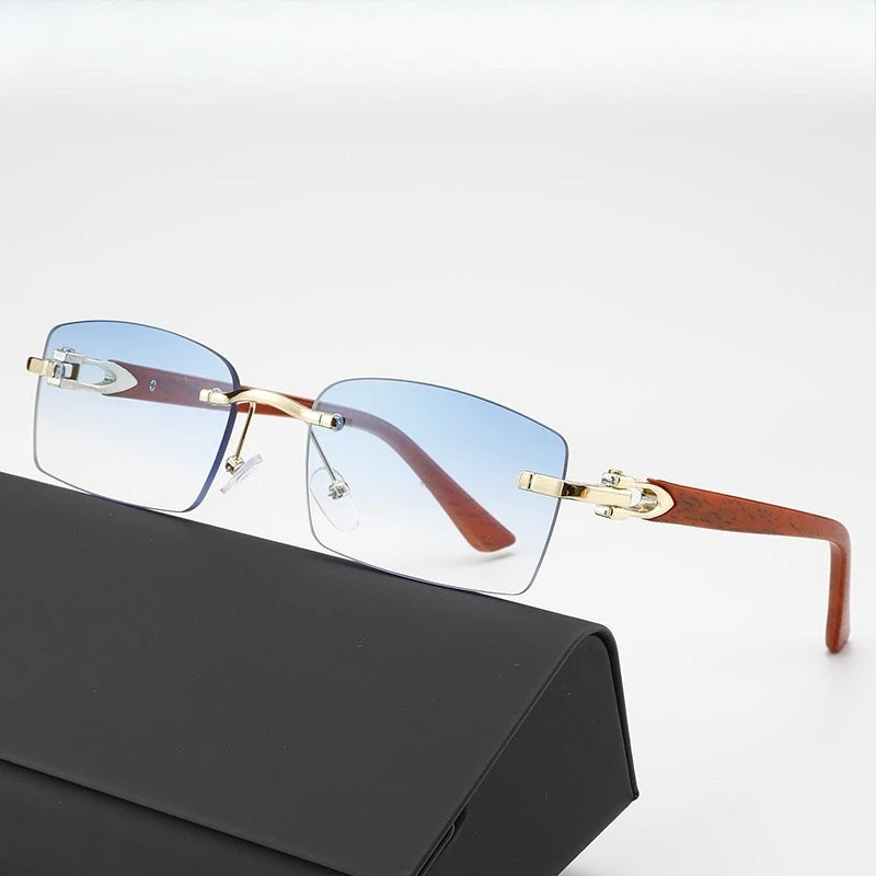 Fashionable Frameless Sunglasses with Ocean Panels, Trimmed Wood Grain, Leg Frames, Retro Men's and Women's Sunglasses