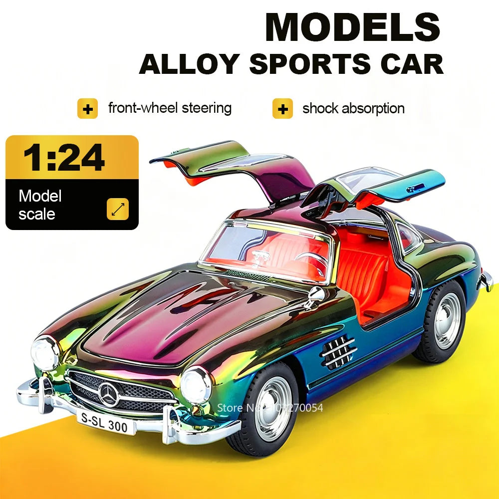 1:24 300SL 500K Alloy Vintage Car Diecast Toy Model Shock Absorption Door Opened Sound Light Pull Back Miniature Models Boy Gift
