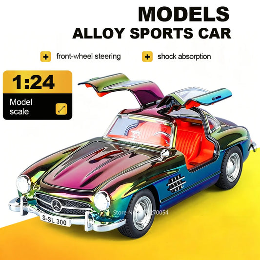 1:24 300SL 500K Alloy Vintage Car Diecast Toy Model Shock Absorption Door Opened Sound Light Pull Back Miniature Models Boy Gift