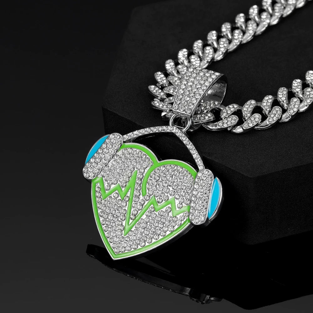 Hip Hop Full Rhinestones Cuban Chain Bling Iced Out Heart with Headphones Pendant Necklaces for Men Rapper Jewelry Drop Shipping