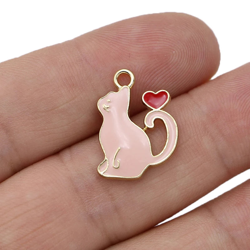 10Pcs Gold Plated Pink Enamel Cat Charms Pendant Jewelry Making Earrings Bracelet Necklace Accessories DIY Craft 20x16mm