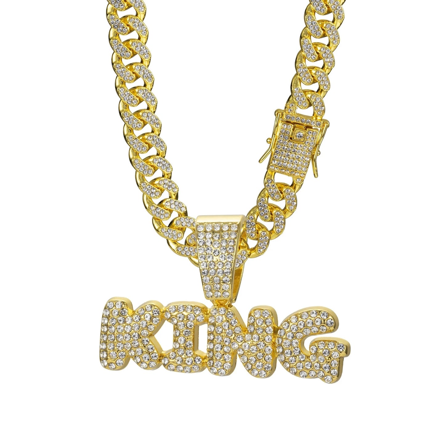 Men Hip Hop Bling KING Letter Pendant Necklace With Miami Cuban Link Chain Full Crystal  Necklaces Men Male Hiphop Charm Jewelry