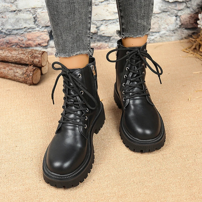 Metal Buckle Platform Motorcycle Boots Woman Plus Size 42 Black Pu Leather Ankle Boots Woman Thick Sole Lace Up Short Booties