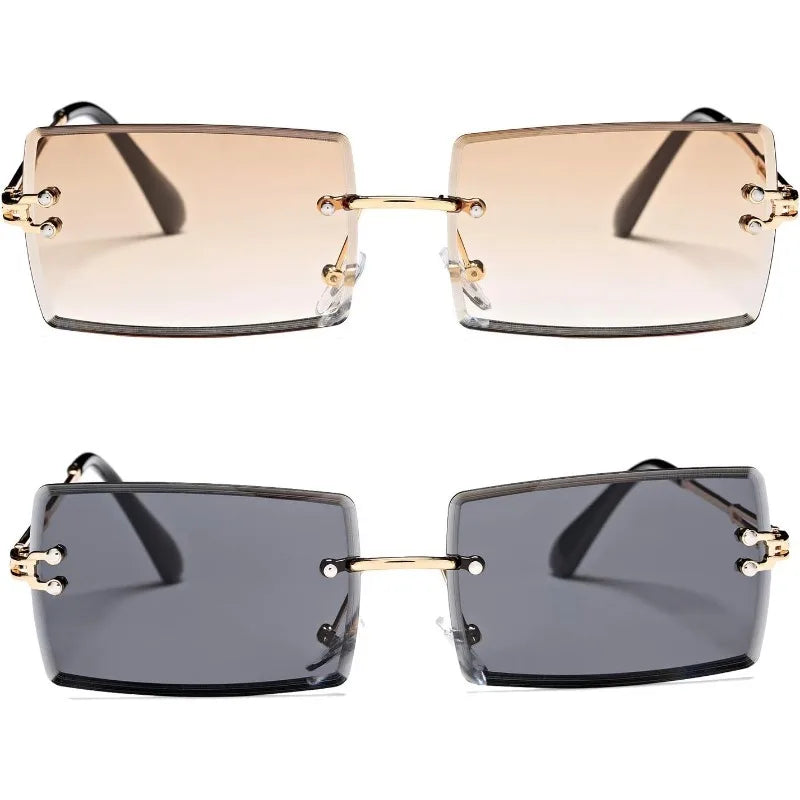 2PCS Men's and Women's Universal Anti Glare Frameless Square Fashion Glasses Small Frame Metal Frame Suitable for Driving