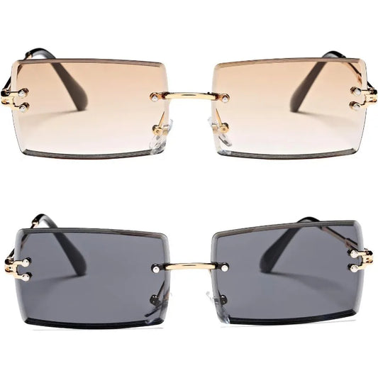 2PCS Men's and Women's Universal Anti Glare Frameless Square Fashion Glasses Small Frame Metal Frame Suitable for Driving