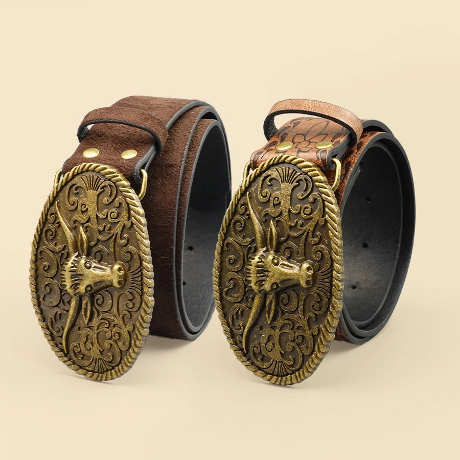 Retro Western Style Casual Belt with Antiqued Alloy Bullhead Buckle, a Versatile Accessory for Daily Commute and Dating