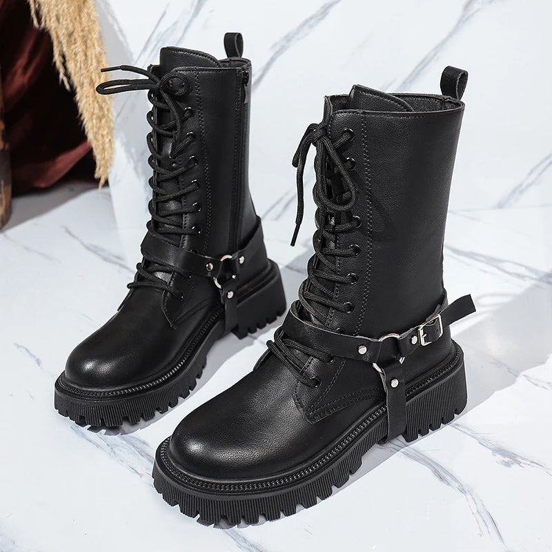 Fashion Belt Buckle Platform Mid Calf Boots Women Black Zipper Thick Sole Motorcycle Boots Woman Punk Pu Leather Botas Mujer