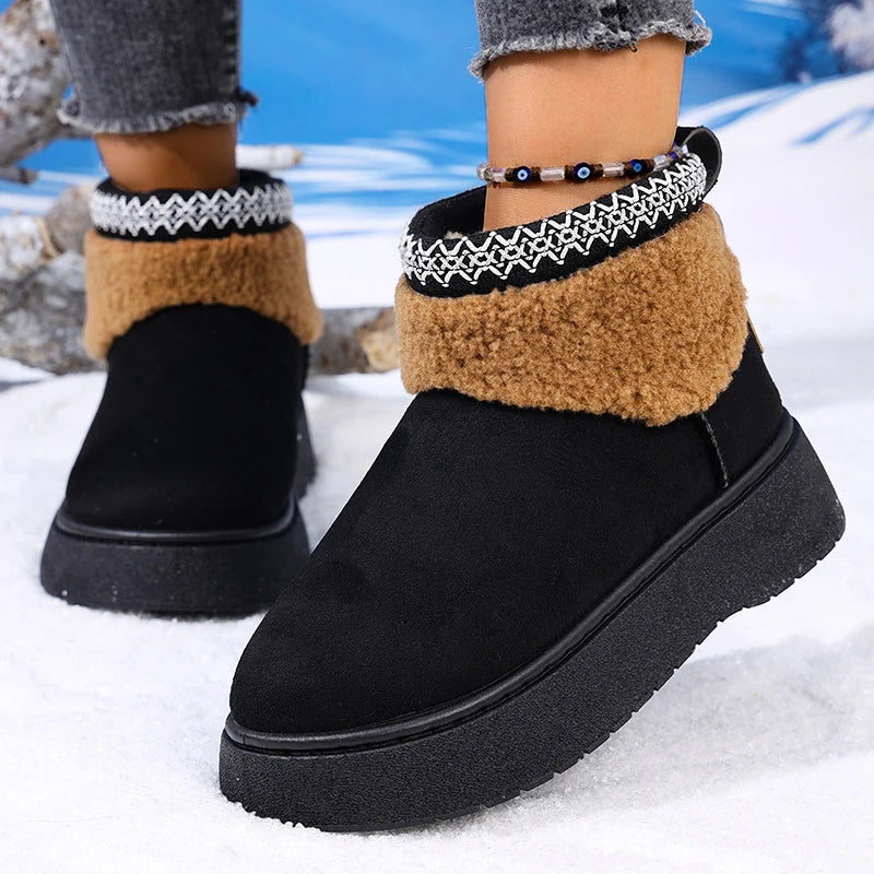 Embroidery Fau Suede Platform Snow Boots for Women Thickened Lining Warm Winter Shoes Woman Thick Sole Slip On Ankle Boots 42