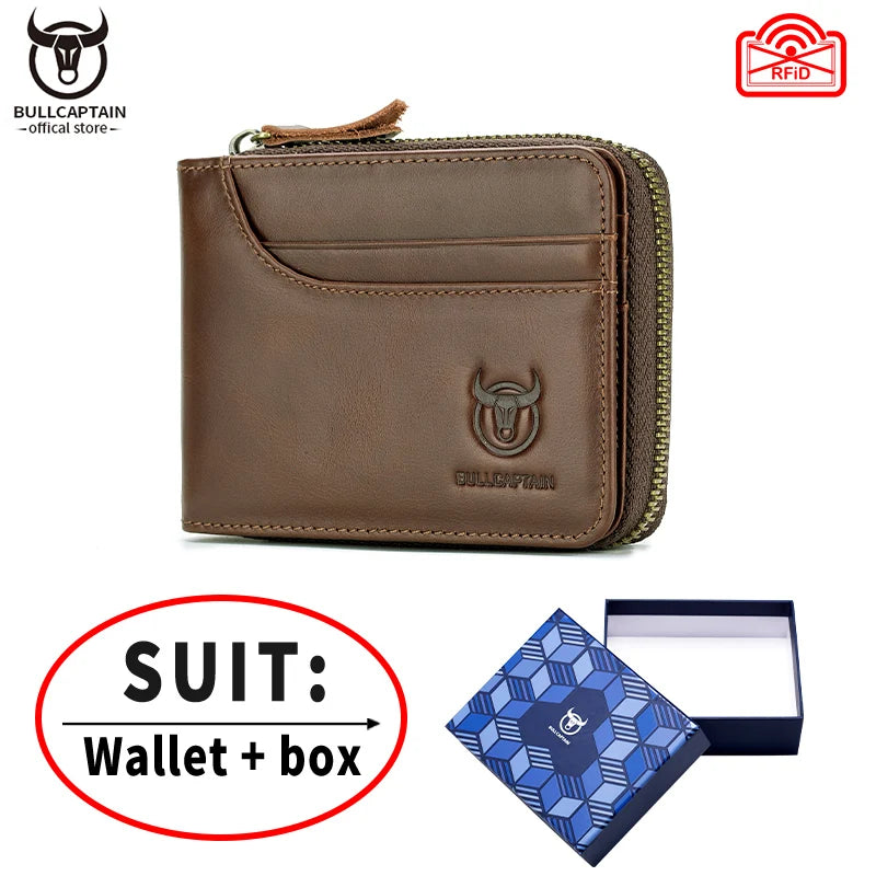 BULLCAPTAIN Men's Genuine Leather Wallet Business Casual Retro RFID Zipper Coin Purse Multi-Card Slot Cash Clip