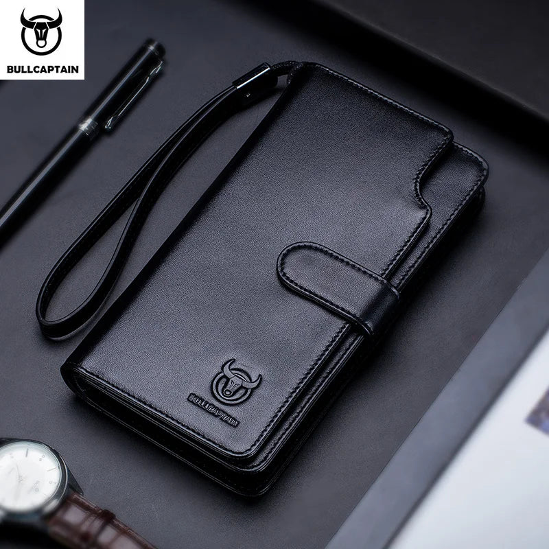 BULLCAPTAIN Men's Genuine Leather Wallet RFID Function Can Place 6.5-inch Mobile Handbag High Quality Multi Card Long Wallet