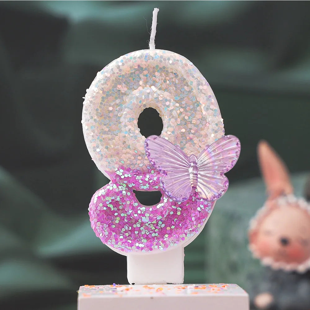 Creative 0-9 Numbers And Letters Birthday Cake Candle, DIY Party Decoration Candle With Purple Butterfly Design And Glitter