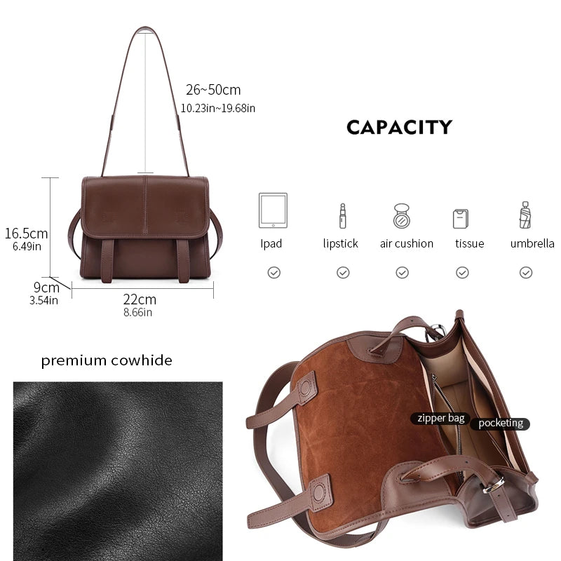 Women's Genuine Leather Solid Color Crossbody Bag Multi-Pocket Shoulder Bag Lightweight Messenger Bag Luxury Designer Handbag