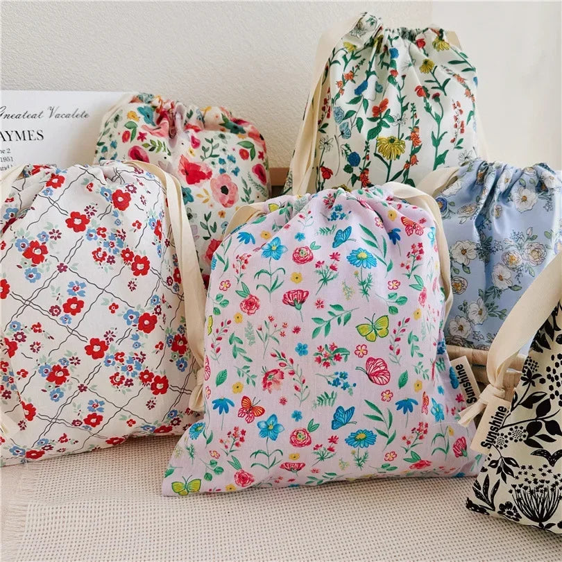 Portable Organizer for Underwear Socks Bra Cotton Makeup Bag Travel Drawstring Bags Ins Flower Print Clothes Cosmetic Bags 2026