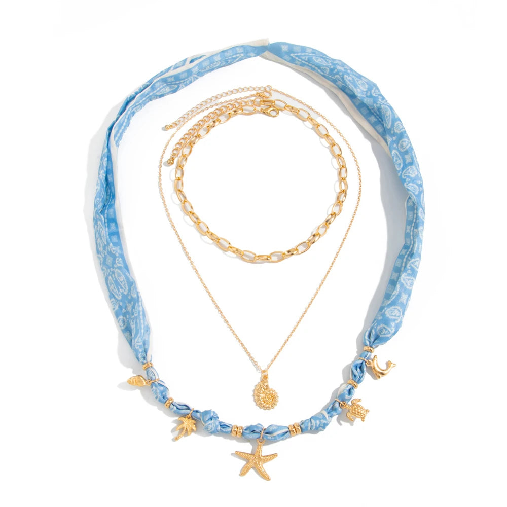 3Pcs Vacation Style Sun Shell Pendant Necklace Set Boho Ribbon Scarf Choker Layered Chain Summer Beach Jewelry Women
