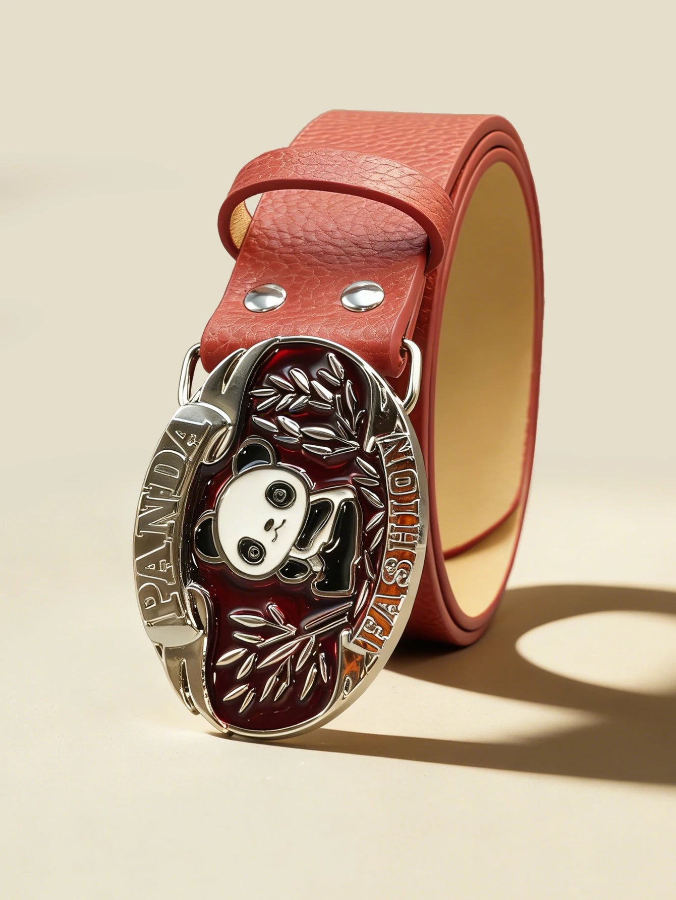 Cute Panda Buckle Red Belt Playful Lychee Texture Unisex Waistband Retro Decorative Waist Cinch