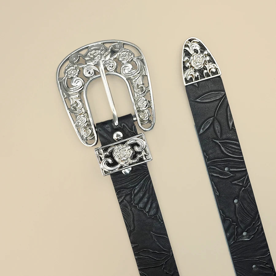 Black Retro Leaf Print Women's Belt Silver Hollow Carved Buckle Daily Commuting, Dating, Casual Accessories