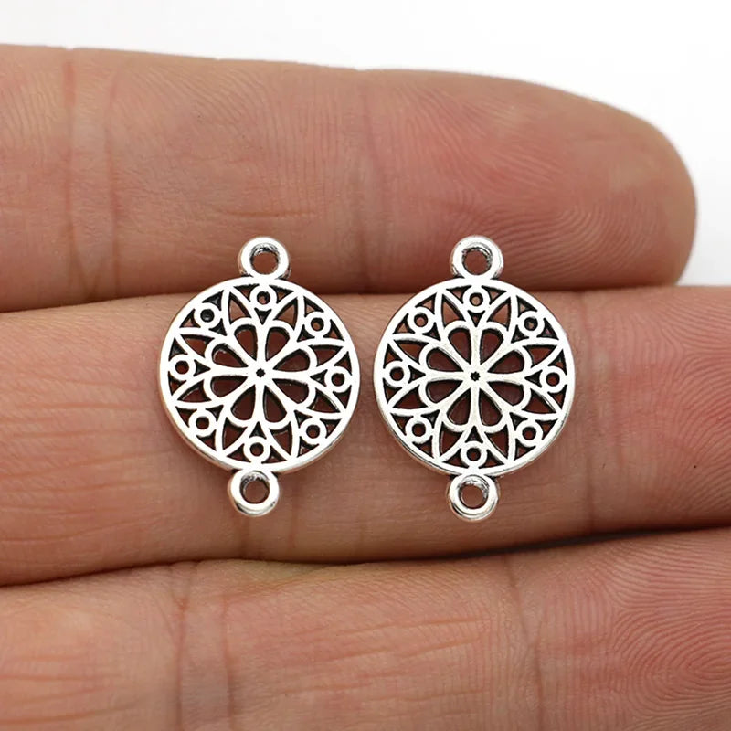10Pcs Antique Silver Plated Round Flower Charm Connectors for Jewelry Making Bracelet Accessories DIY Findings