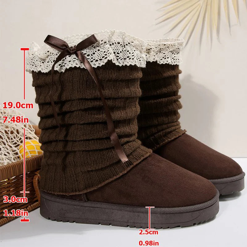 Sweet Lace Bowknot Snow Boots Women Faux Suede Knitted Snow Boots Woman Winter Platform Soft Soles Thick Warm Booties Female