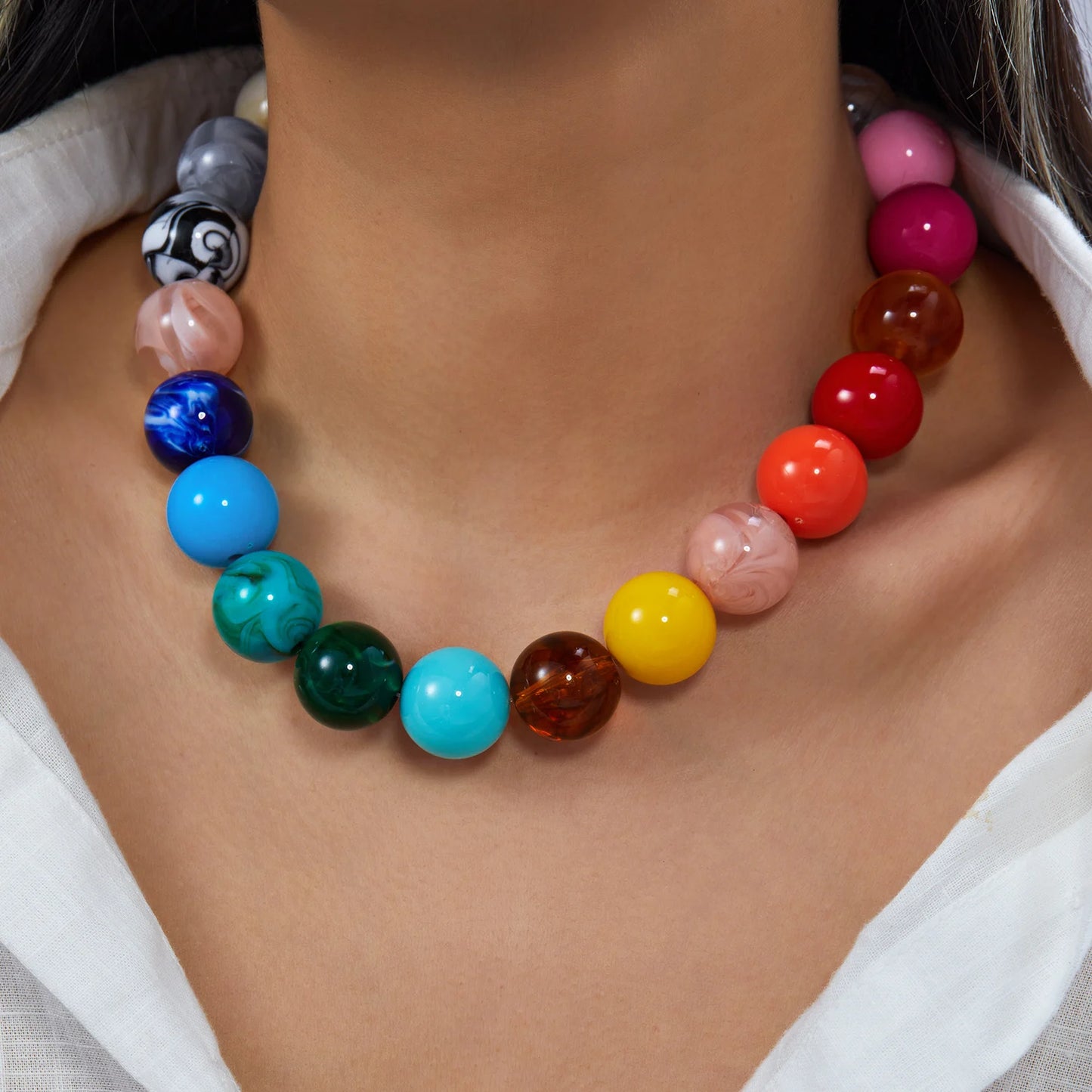 Chunky Dopamine Colorful Resin Bead Necklace for Women Y2K Aesthetic Rainbow Candy Pendant Necklace Statement Jewelry