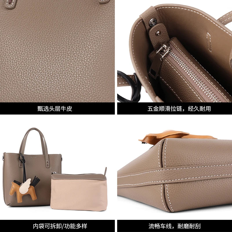 Genuine Cowhide Leather Mini Tote Bag for Women Pebbled Leather Bucket Bag with Horse Charm Luxury Designer Patchwork Handbag