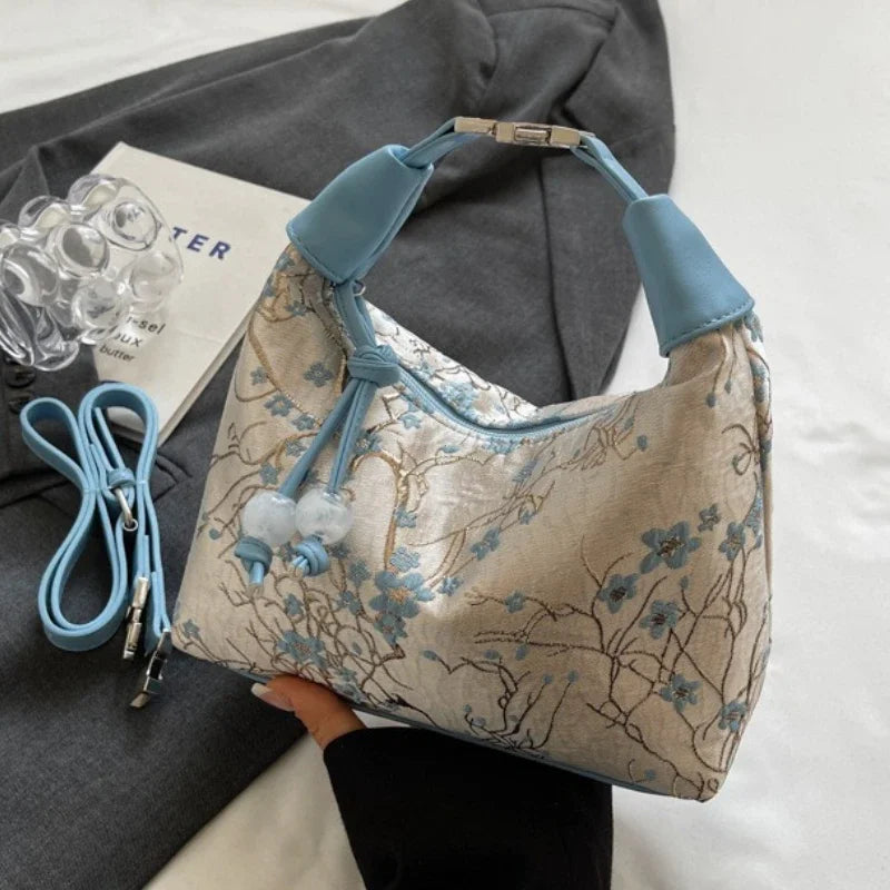 Portable Embroidered Chinese Style Shoulder Bag Fashion Versatile Hanfu Bucket Handbag Texture Pearl Pendant Cheongsam Bag Party