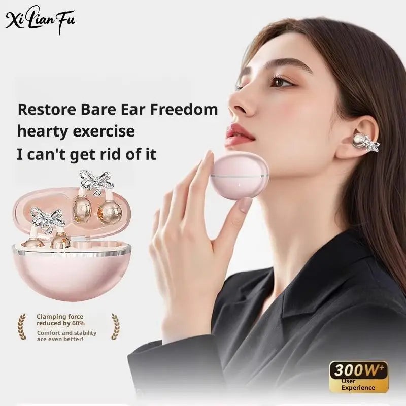 VIVO Clip-on Earbuds Wireless Bluetooth Open Ear Headphones with Detachable Crystal Bowknot Earrings Sports Fitness Workouts