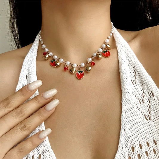 Y2K Sweet Cute Red Strawberry Cherry Pendant Necklace for Women Girls Love Heart Imitation Pearl Chain Choker Fashion Jewelry