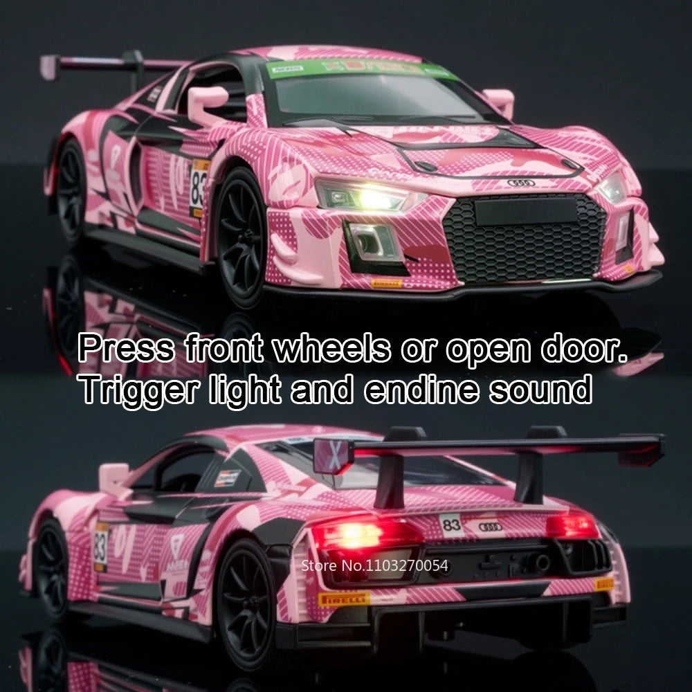1:32 AUDI R8 LMS GT3 Alloy Diecast Models Toys Car Doors Opened Sound Light Pull Back Miniature Vehices Popular Children's Gifts