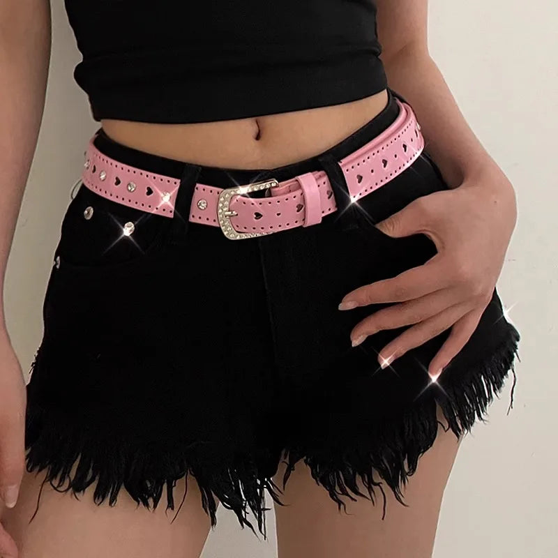 White Y2K Belt Female Rhinestone Pink Lovely New Millennium Spice Girl Belt Tie-In Korean Version Decoration Trend