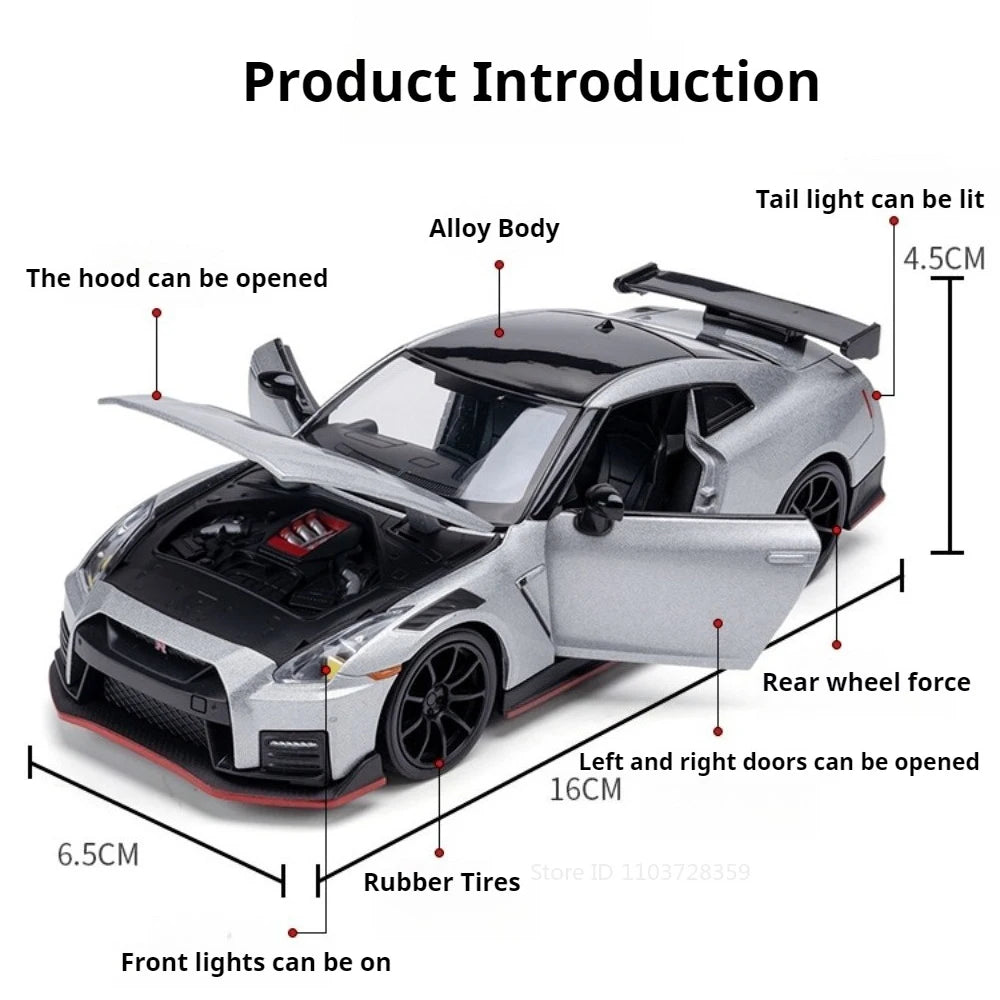 1:32 NISSAN GTR NISOM Car Toys Diecast Alloy Model Sound Light Pull Back Doors Opened Miniature Vehcies Children's Birthday Gift