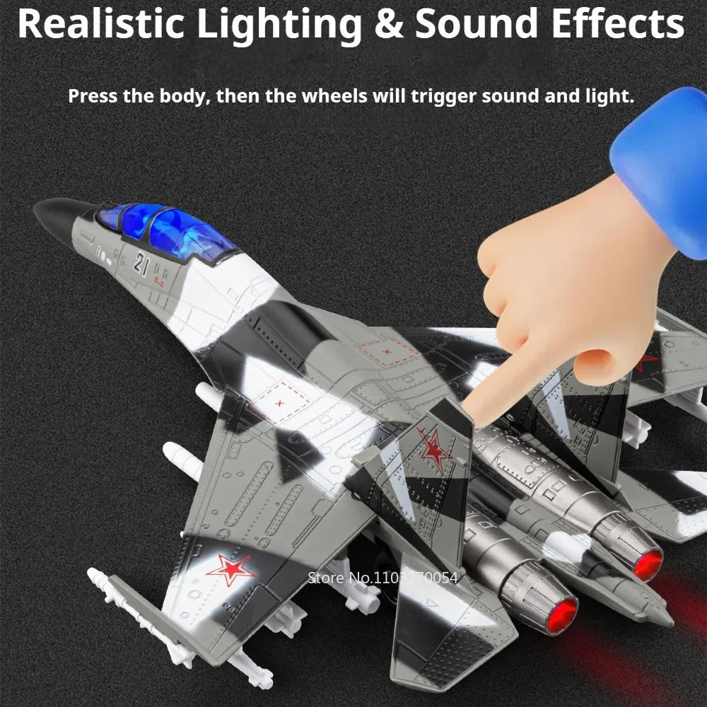 1:64 Su-35 Alloy Fighter Model Diecast Toys Car with Sound Light Pull Back Catapult Missile Airplane Fun Gifts for Boys Ornament