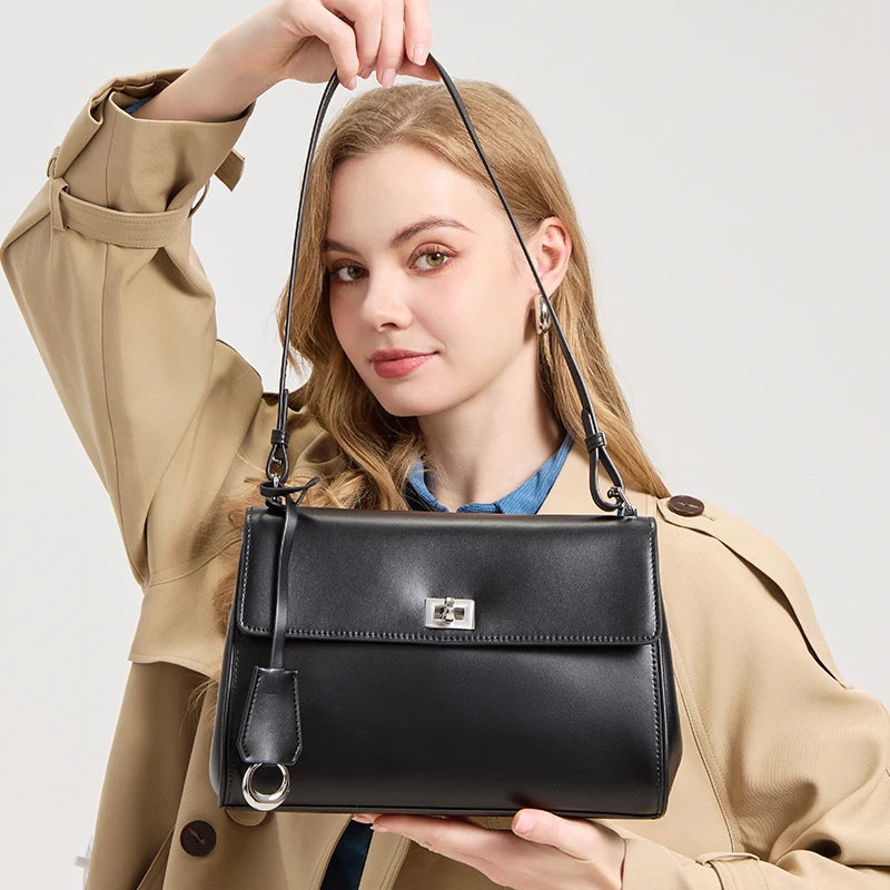 First Layer Cowhide Small Square Bag Women's Handbag New Genuine Leather Women's Bag Commuter Shoulder Crossbody Boston bag
