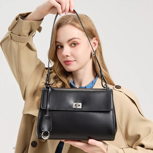 First Layer Cowhide Small Square Bag Women's Handbag New Genuine Leather Women's Bag Commuter Shoulder Crossbody Boston bag