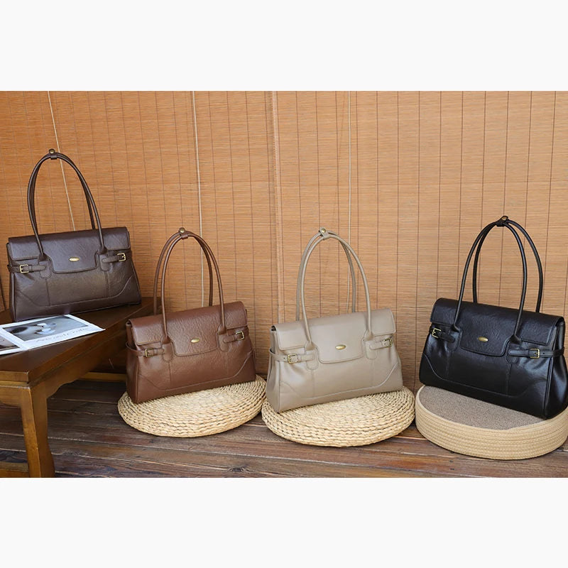Women's Top-grain leather Underarm Bag Ladies Luxury Designer Genuine leather Handbags Large Capacity Commuting Tote Bags