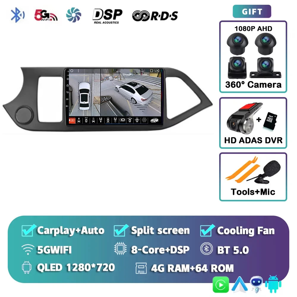 For KIA PICANTO Morning 2011 2012 - 2017 2K 12+256 QLED Android 15 CarPlay Car Radio Multimedia Video Player GPS stereo Head DSP