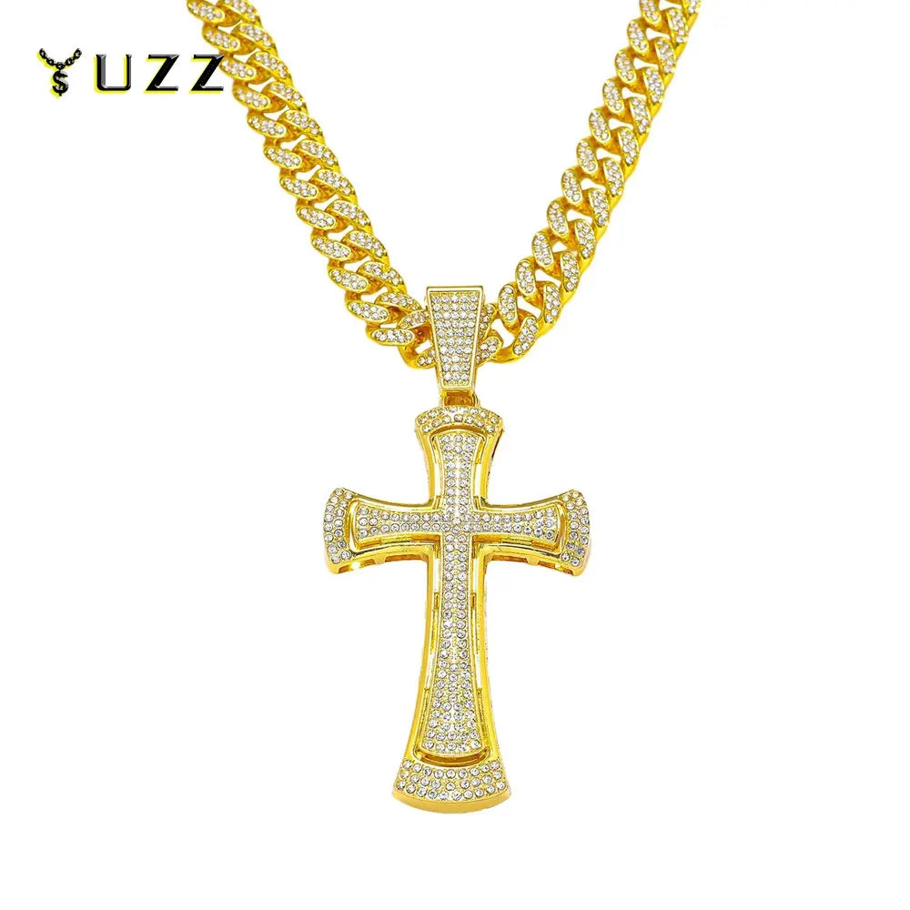Men Women Hip Hop Cross Shiny Pendant Necklace 13mm Miami Cuban Chain Charm Bling Exquisite Necklaces Jewelry Fashion Charm Gift
