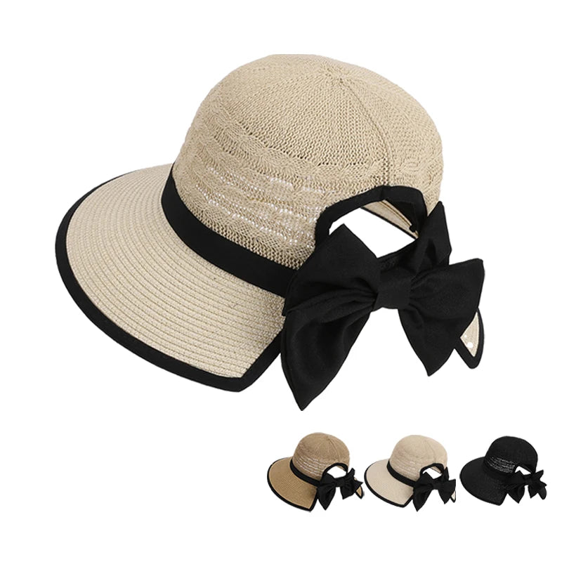8484Summer hat girls' versatile bow-tied ponytail hole large eaves straw hat, outdoor outing sun hat