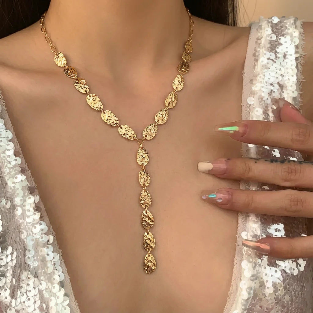 Vintage Round Sequin Long Tassels Pendant Necklace for Women New Trend Boho Sexy Chest Chain Choker Neck Jewelry Accessories