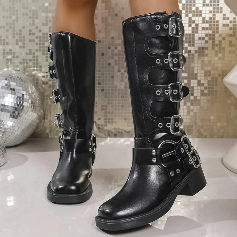 Fashion Buckle Strap Midi-Calf Boots for Women Autumn Winter Brown Rivet Wedges Boots Woman Plus Size Pu Leather Botas Mujer