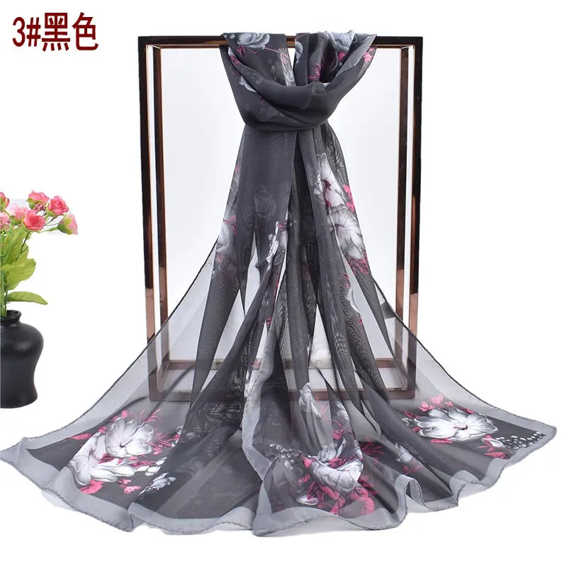 Summer New Fresh and Breathable Thin Natural Flower Printing Chiffon Women's Long Scarf Sunscreen Women's Scarf