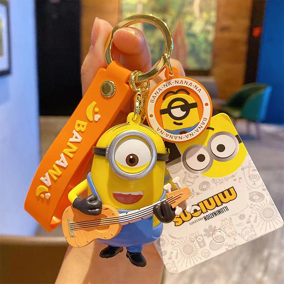 Kawai Minions Keychain Cartoon Toys Model Silicone Pendant Keyring Cosplay Hold