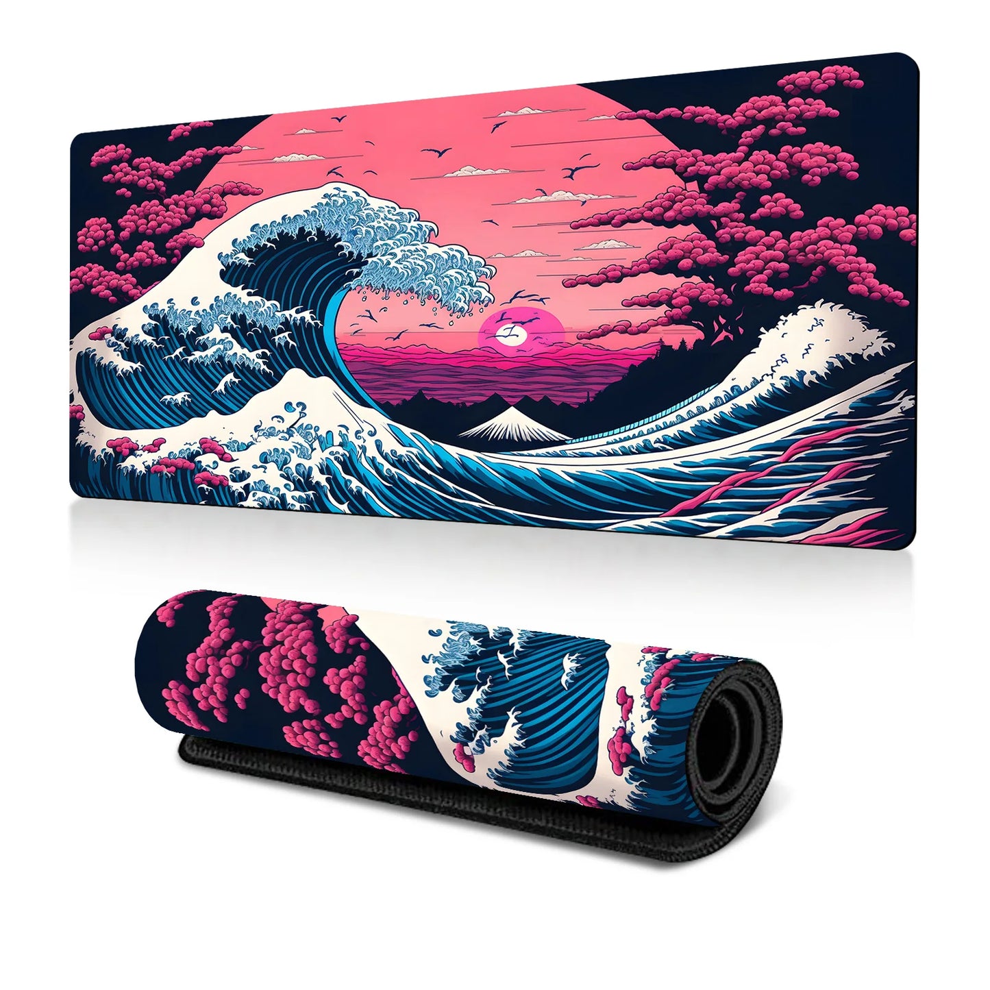 Japanese Sea Wave Large Mouse Pad, Anime Black Gaming, Extended Mat Desk Pad, 3mm Thick Long Non-Slip Rubber Base Mice Pad