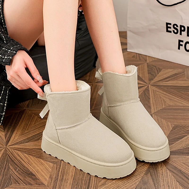 Faux Suede Platform Snow Boots Women Slip On Warm Thicken Plush Winter Boots Woman Cute Bowk Decor Non Slip Cotton Shoes Female