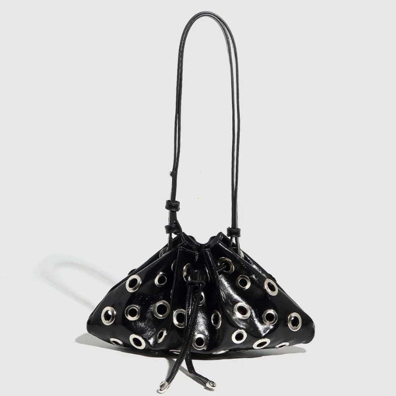Women Metal Stud Y2k Shoulder Bag Large Capacity Retro Hollow Handbag Drawstring Crossbody Bag Shopping Vacation Handbag