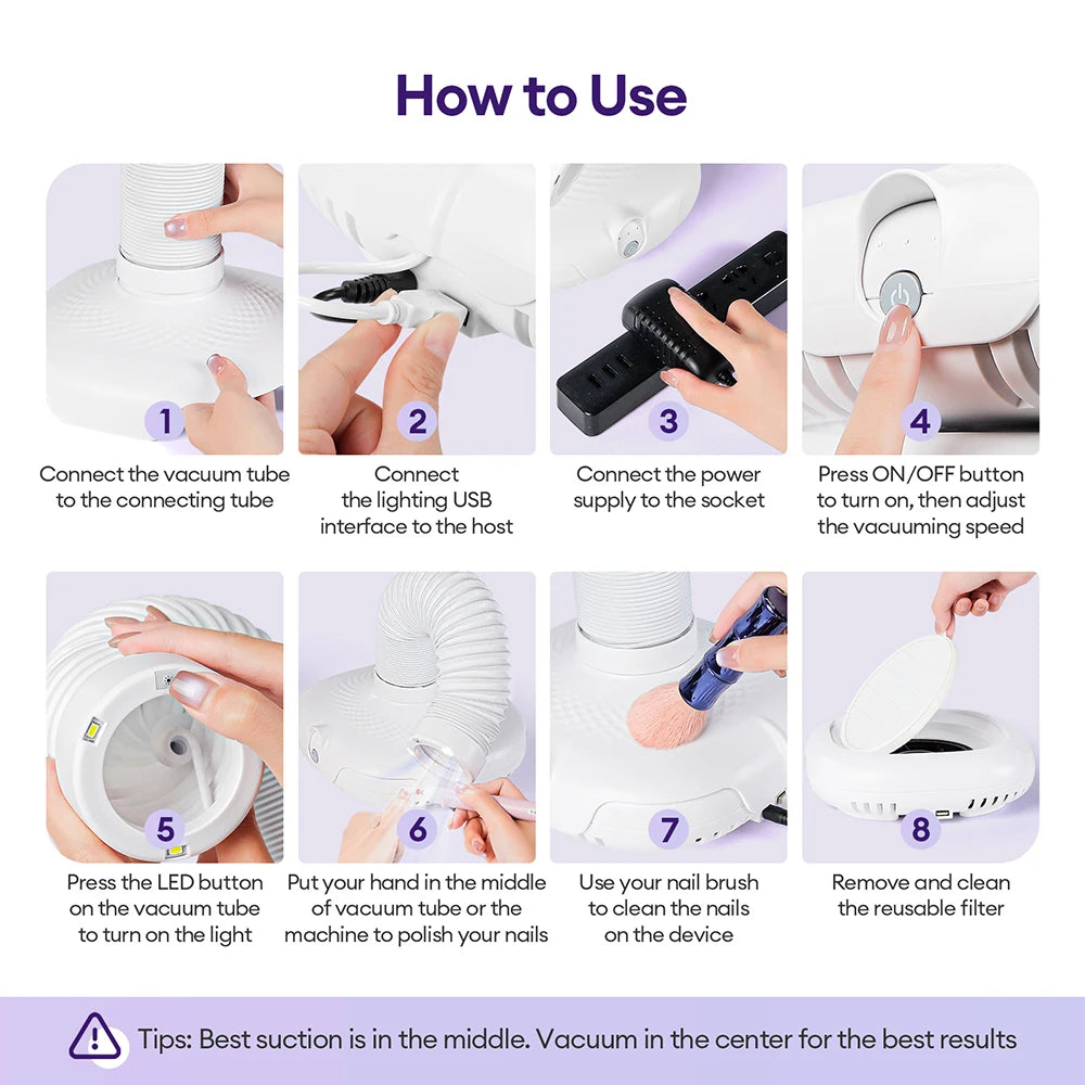 130W Brushless Double Use Nail Dust Extractor With Tube Elbow Nail Dust Collector Nail Art Manicure Powerful Vacuum Cleaner