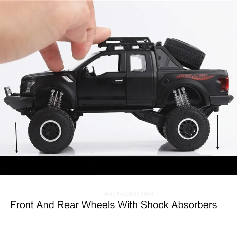 Scale 1/32 Raptor F150 Cars Model Toys Diecast Alloy Pickup Metal Body Rubber Tires with Sound Light Vehicles Toy Gifts for Kids