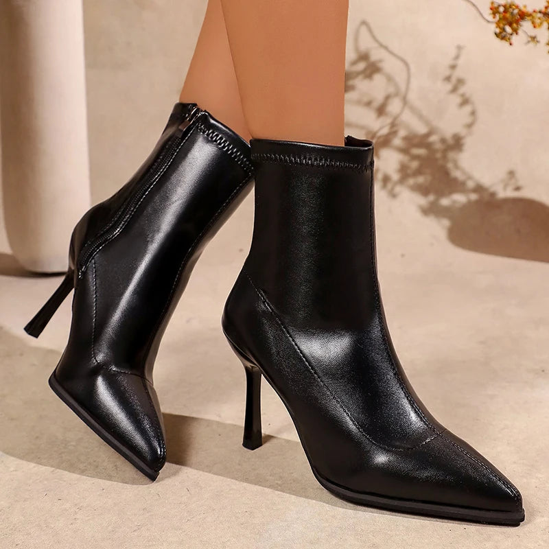 Fashion Stiletto Heel Ankle Boots Women Plus Size 43 Sexy Pointed Toe Pu Leather Boots Woman Side Zipper Super High Heels Botas