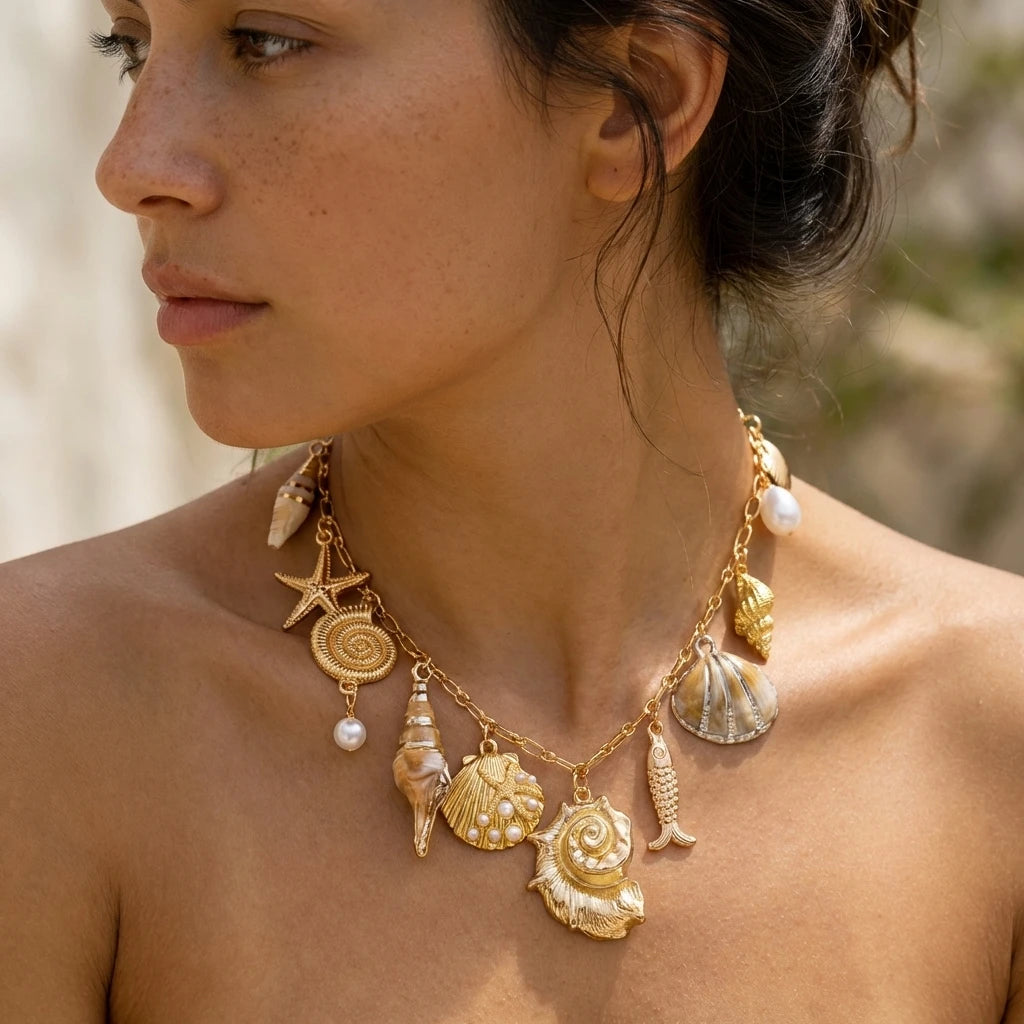 Resort Style Statement Conch Shell Fish Multi Pendant Necklace for Women Gold Tone Layered Beach Boho Dainty Chain Jewelry Gift