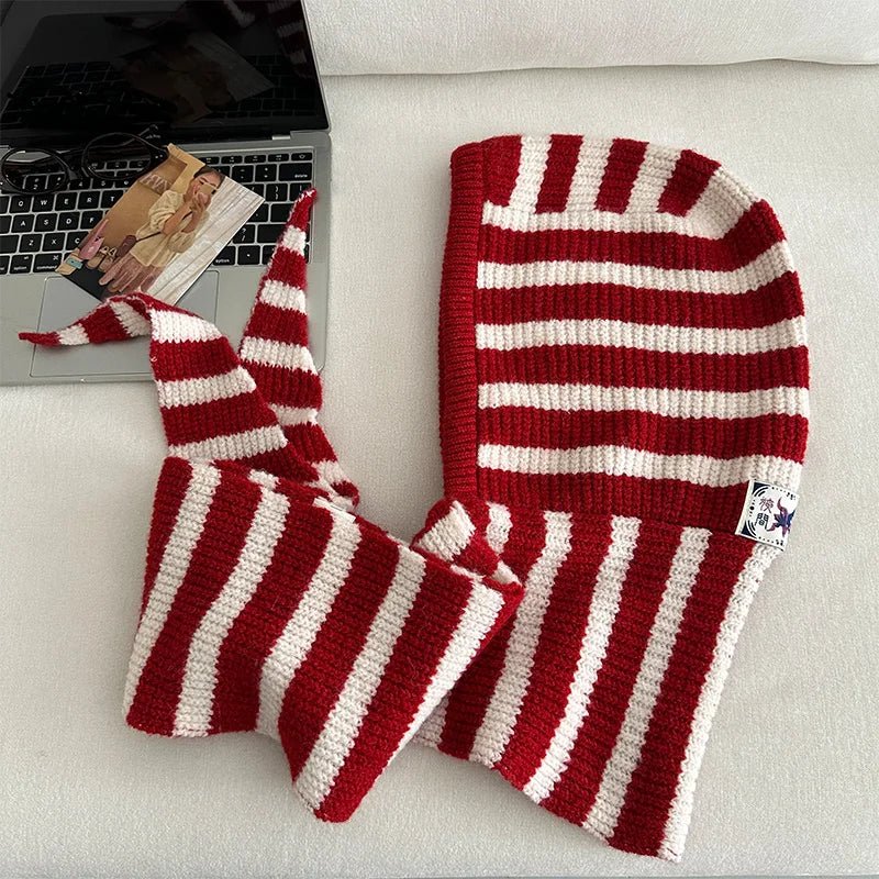 Woolen Korean Style Black And White Striped Knitted Balaclava For Women Winter Warm Ear Protection Hat Scarf One Piece